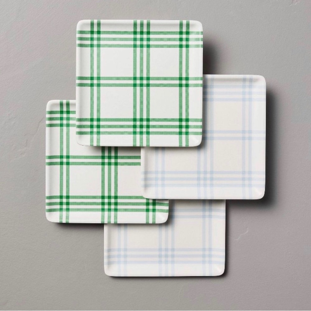 4pk Tri-Stripe Plaid Square Melamine Appetizer Plates Green/Blue - Hearth & Hand